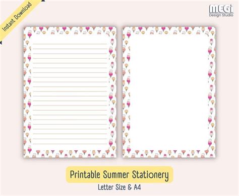 Printable Summer Stationery Ice Cream Stationery Cute Summer Paper