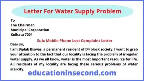 Letter For Water Supply Problem Complaint Letter For Irregular Water