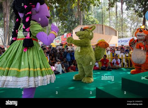 Hundreds of cheering children played with Halum, Ikri, Tuktuki and Shiku, characters of popular ...