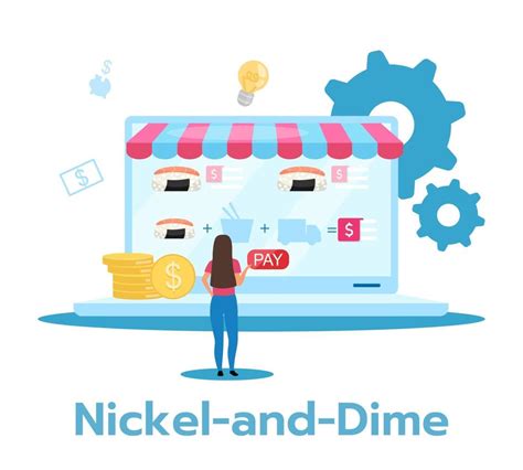 Nickel-and-dime flat vector illustration. Lowest price strategy ...