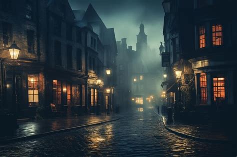 Premium AI Image | Old town street at night with fog and lights Bruges ...