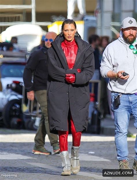 Bella Hadid Sexy Spotted Wearing A Hot Red Leather Catsuit As She Films The Beauty Series Aznude