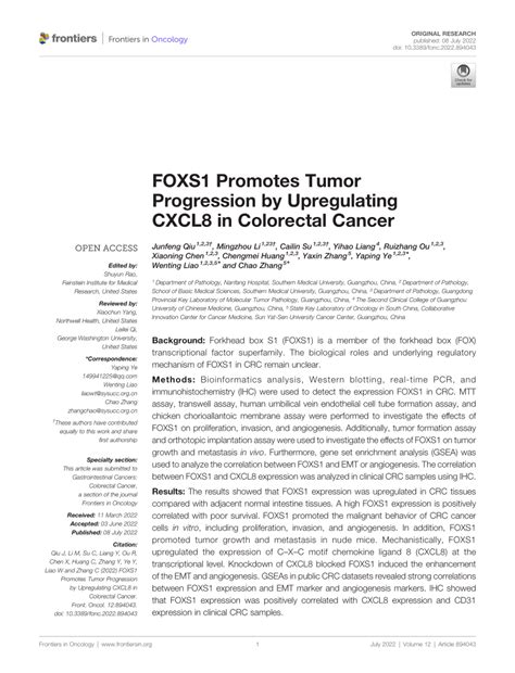 PDF FOXS1 Promotes Tumor Progression By Upregulating CXCL8 In