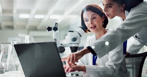 Women Partner And Scientist In Laboratory With Laptop Microscope And