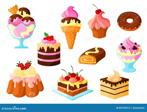 Dulces De La Torta Del Postre Iconos Del Vector Del Helado Fijados