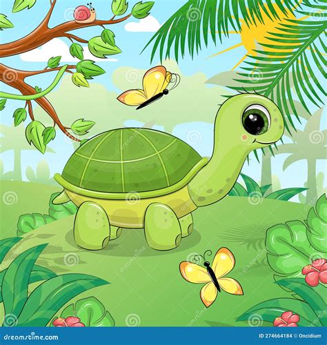 Cute Cartoon Green Turtle In Nature Stock Vector Illustration Of