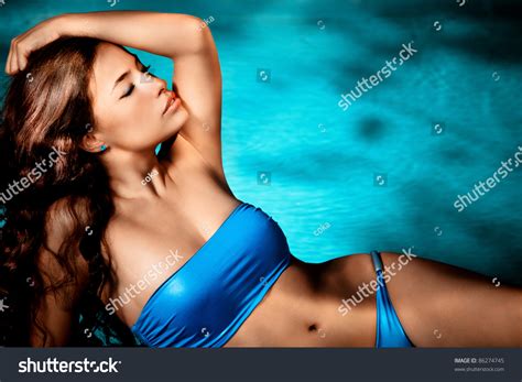 Beautiful Brunette Blue Bikini Enjoy By Stock Photo 86274745 Shutterstock