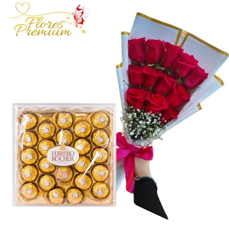 RAMO 12 ROSAS Y DELICIOSA CAJA DE CHOCOLATES FERREROS ROCHER DE 24