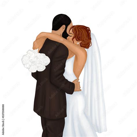 Groom Hugging With Bride Watercolor Hand Painted Brown Hair And Beard