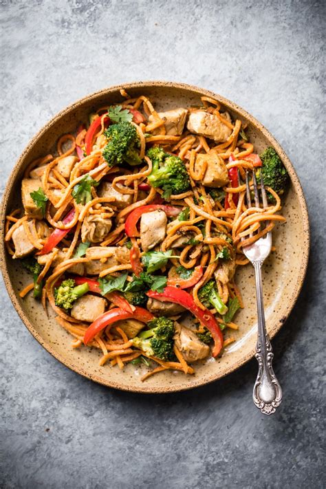 Spicy Thai Peanut Chicken Sweet Potato Noodle Stir Fry Ambitious Kitchen