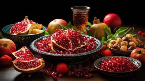 Premium Photo Yalda Night Treatment On The Table Pomegranate And Fruits