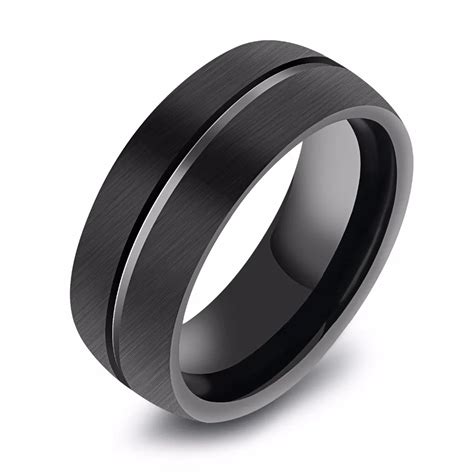 8mm Mens Black Domed Surface Tungsten Carbide Rings Brushed Grooved