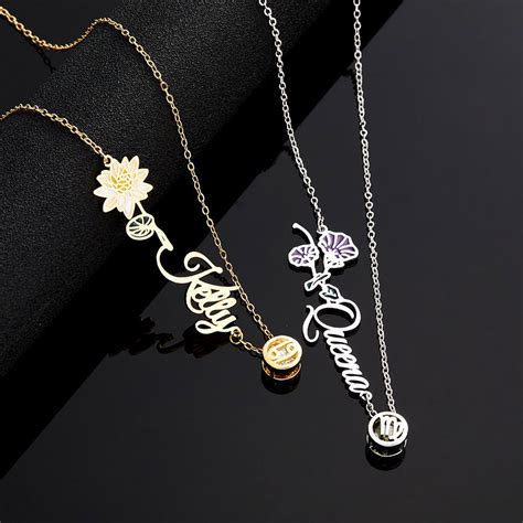 Collier De Fleur De Naissance Personnalis Avec Signe Du Zodiaque