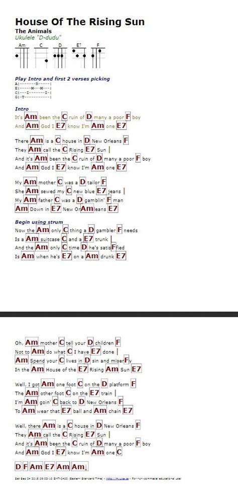 House Of The Rising Sun Guitar Chords Guitar Lesson Ukulele Chords Songs Ukulele Ukulele Songs