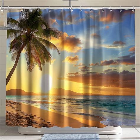 Hyper Realistic Tropical Beach Sunset Shower Curtain Palm Trees Ocean