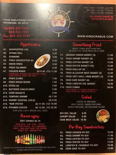 Menu at King Crab desserts, Richmond, Midlothian Turnpike