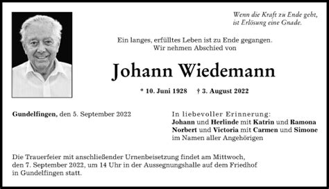 Traueranzeigen von Johann Wiedemann Allgäuer Zeitung