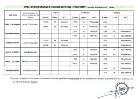 Calendrier Des Conseils De Classe Du 1er Trimestre 2021 2022 Collège