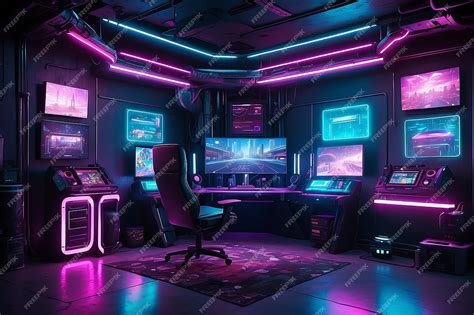 premium photo neon city cyberpunk gaming setup gaming room interior