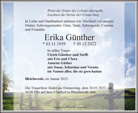 Traueranzeigen Von Erika G Nther Trauer In Thueringen De