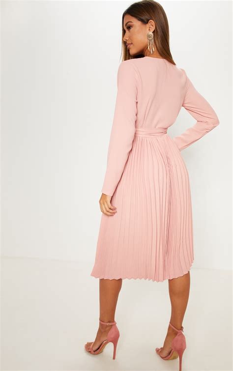 Rose Long Sleeve Pleated Midi Dress Prettylittlething Usa