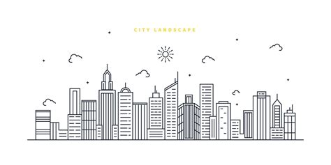 Cityscape. Modern flat line landscape vector. City landscape line art ...