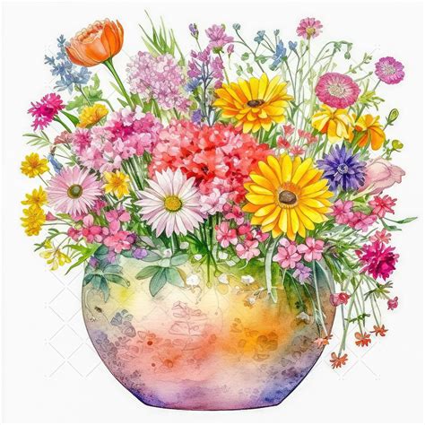 Vase Of Mixed Flowers Bundle Clipart High Quality Jpgs Watercolor