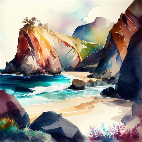 Pintura Em Aquarela Artística Colorida Criativa Praia Generativa Ai