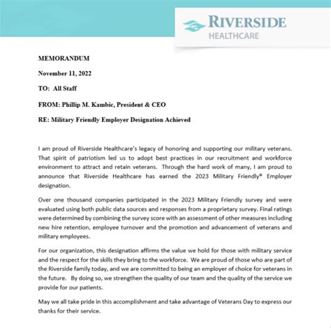 Memo Military Friendly Employer Designation Achieved The Riverside