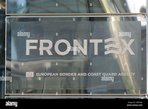 The Frontex logo is seen at the high street in Warsaw. The country is ...