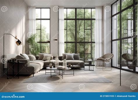 Modern Living Room with Big French Windows, 3d Rendering Stock ...