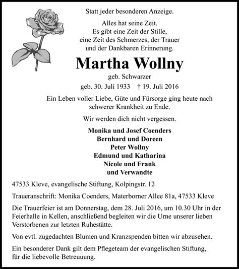 Traueranzeigen Von Martha Wollny Trauer In Nrw De