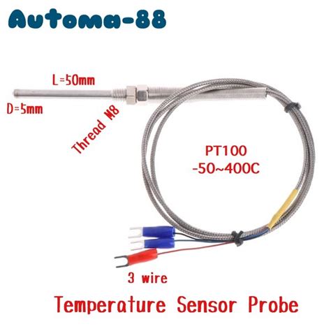 Jual Rtd Pt100 3 Wire Temperature Sensor Stainless Probe 50mm 5cm Drat M8 Diameter 5mm Kabel 1m