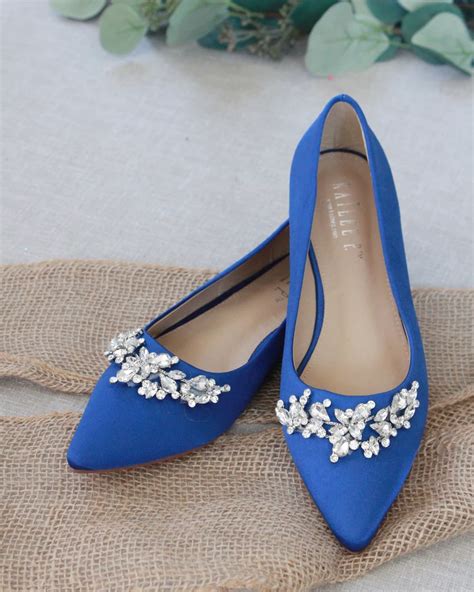 Royal Blue Satin Pointy Toe Flats With Floral Rhinestones Embellishments