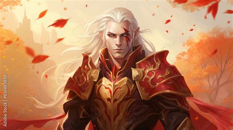 Illustration Of A Male Blood Elf Fantasy Character In Red Armor Stock