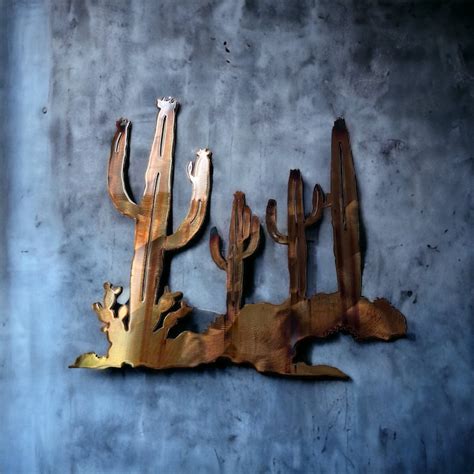 copper cactus metal wall art southwestern desert scene etsy