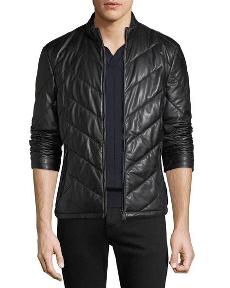 Emporio Armani Men S Zip Front Chevron Quilted Lamb Leather Jacket