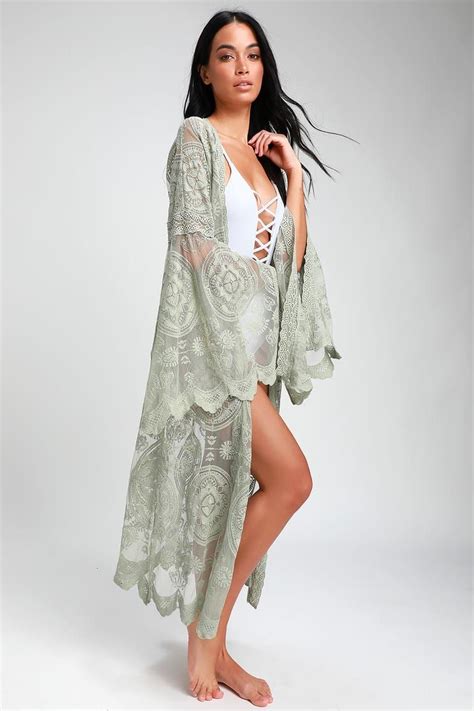 Livin Breezy Sage Green Lace Midi Kimono Top Kimono Style Tops