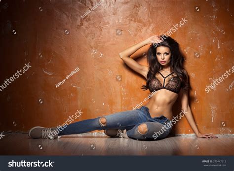 Beautiful Sexy Woman Wearing Lingerie Jeans Stock Photo 373447612 Shutterstock