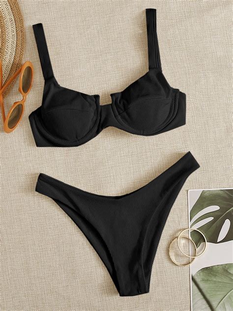 Shein Swim Basics Conjunto De Bikini Acanalado Sujetador Con Aros Y