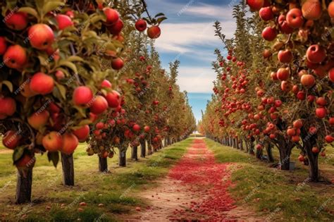 Premium AI Image | Apple orchard rows with autumn colors in background