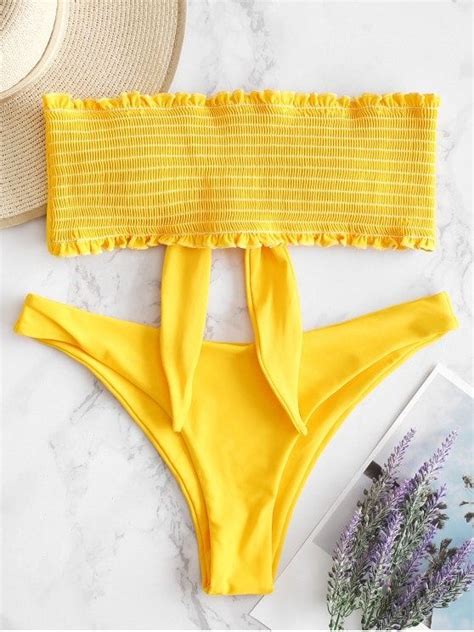 Zaful Frilled Knot Smocked Bikini Set Bee Yellow Smocked Bikini