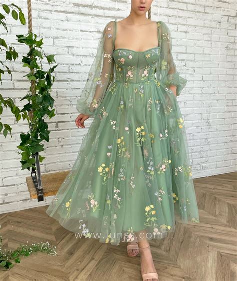 Fairytale Floral Green Tulle Long Sleeve Party Dress - Lunss