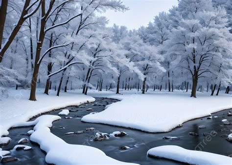 Natural Landscape Scene With River Flowing Through Snow Covered Forest