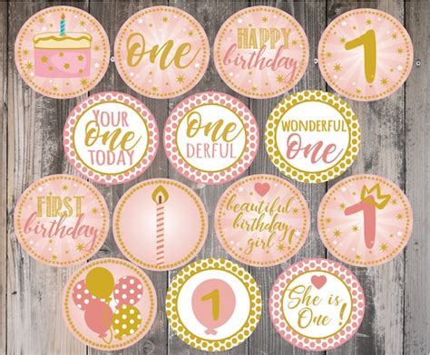 Pink And Gold First Birthday Cupcake Toppers Baby Girl Etsy