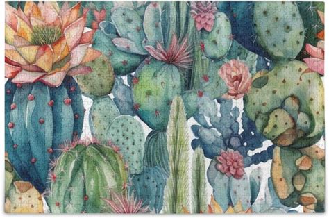 Dreamtimes Watercolor Cactus Jigsaw Puzzle Pieces Paper Wood