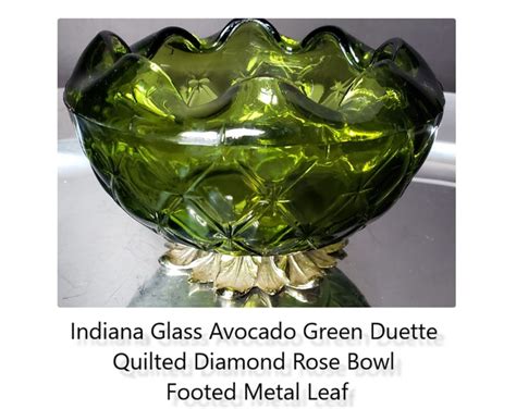 Indiana Glass Green Duette Quilted Diamond Rose Bowl Dish Footed Metal Leaf Excellent Ships Free