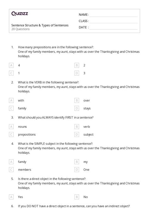 Types Of Sentences Worksheets For Th Grade On Quizizz Free