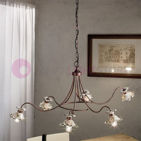 Milano Lampadario Luci Ceramica Decorata Rustico Ferroluce C La