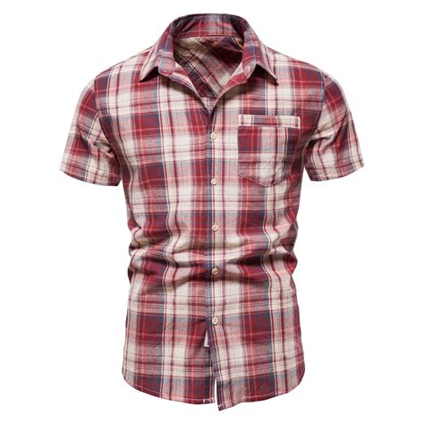 Mens Western Plaid Shirt Snap Buttons Two Pockets Casual Short Sleeve Shirts Outdoor Classic